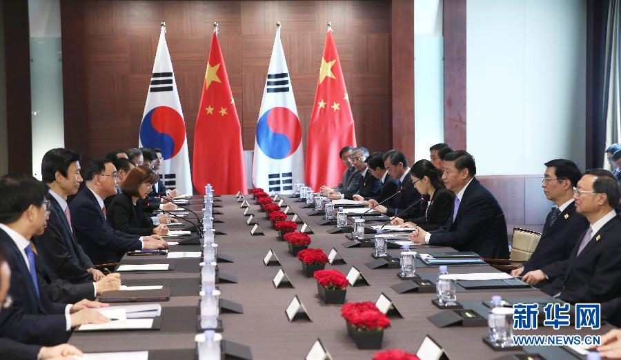 7月4日，國家主席習(xí)近平在首爾會見韓國總理鄭烘原。 新華社記者謝環(huán)馳攝 