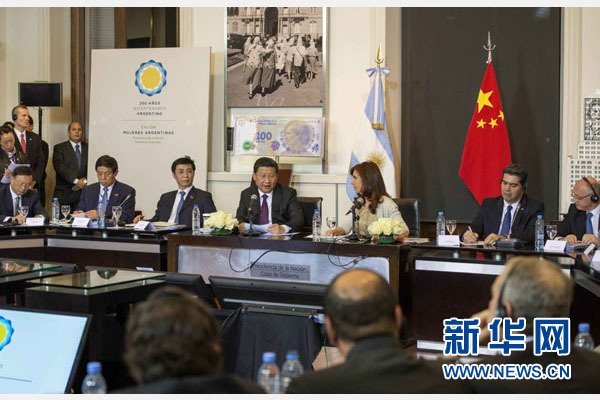 當地時間7月18日，國家主席習近平在布宜諾斯艾利斯同阿根廷總統克里斯蒂娜舉行會談。 新華社記者 李學仁 攝