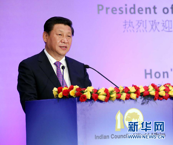 9月18日，國家主席習(xí)近平在印度世界事務(wù)委員會發(fā)表題為《攜手追尋民族復(fù)興之夢》的重要演講。 新華社記者 姚大偉 攝