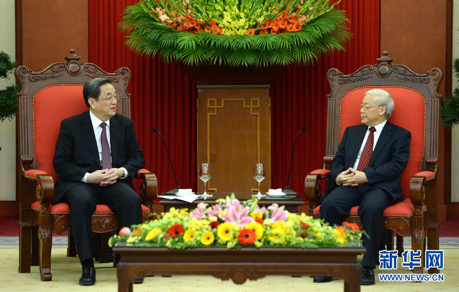 12月25日至27日，中共中央政治局常委、全國政協(xié)主席俞正聲對越南進(jìn)行正式訪問。這是12月26日，俞正聲在河內(nèi)會見越共中央總書記阮富仲。 新華社記者馬占成攝