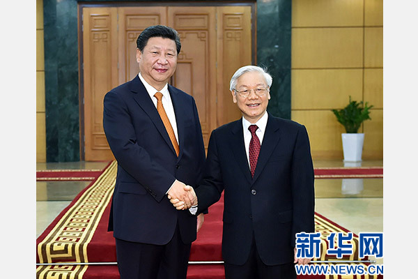 11月5日，中共中央總書記、國家主席習近平在河內(nèi)同越共中央總書記阮富仲舉行會談。 新華社記者李濤攝