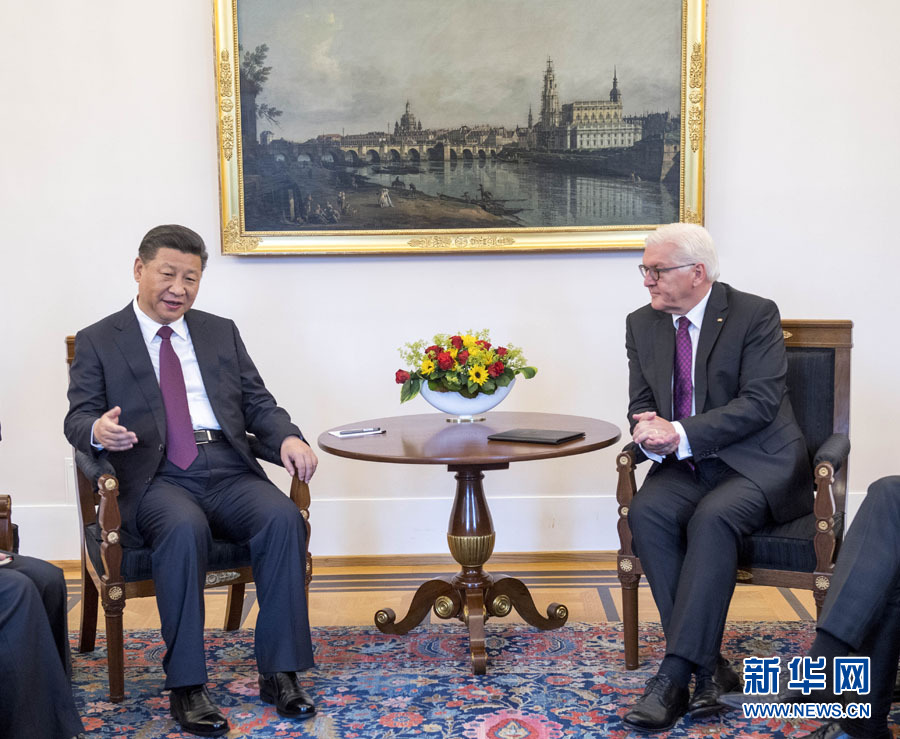 7月5日，國(guó)家主席習(xí)近平在柏林會(huì)見(jiàn)德國(guó)總統(tǒng)施泰因邁爾。 新華社記者李學(xué)仁 攝
