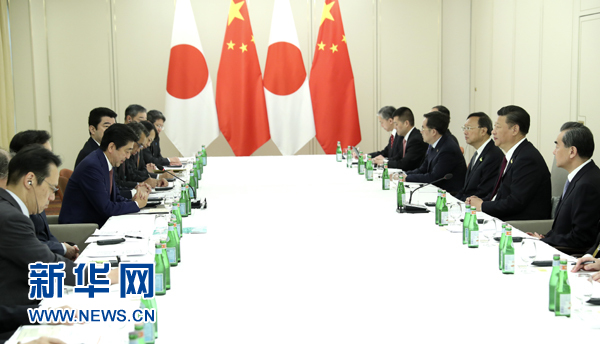 7月8日，國家主席習近平應約在漢堡會見日本首相安倍晉三。新華社記者 馬占成 攝